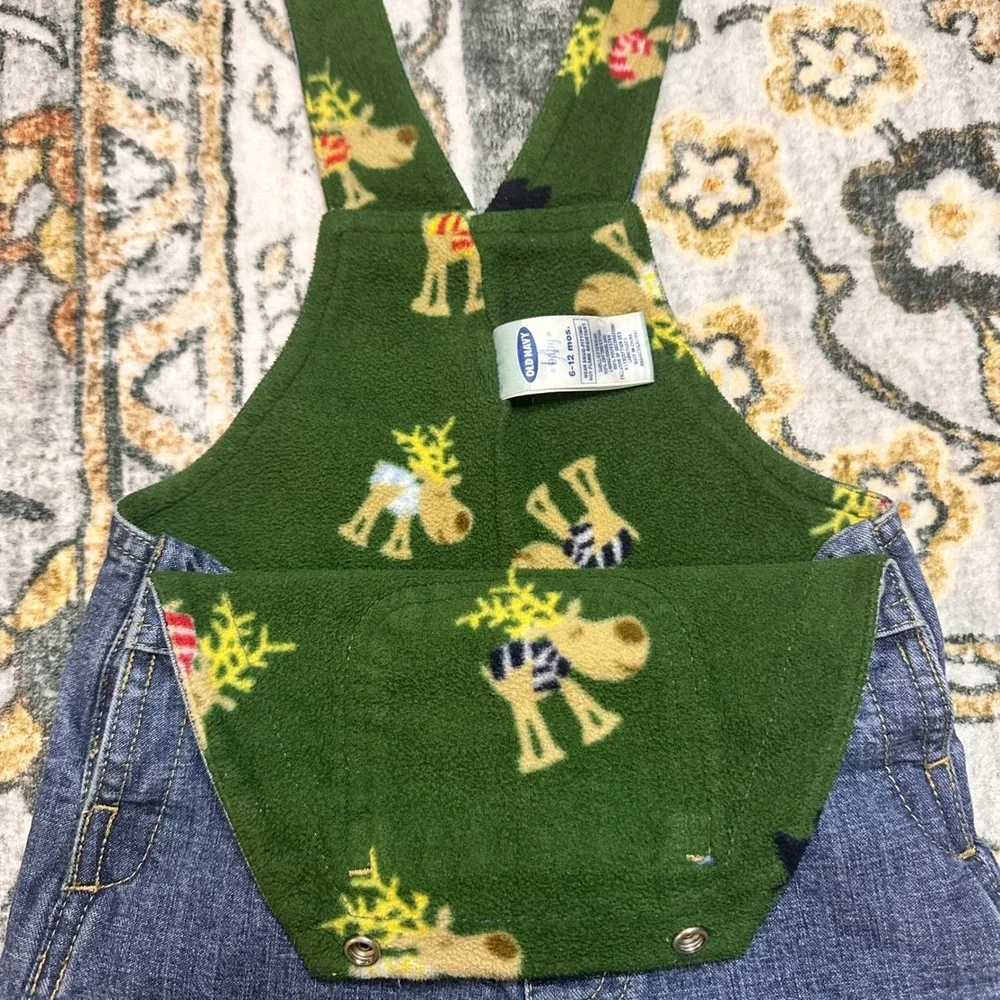 Vtg Old Navy Overalls Holiday Reindeer‎ Embroidered Lined Denim Baby 6-12 Months